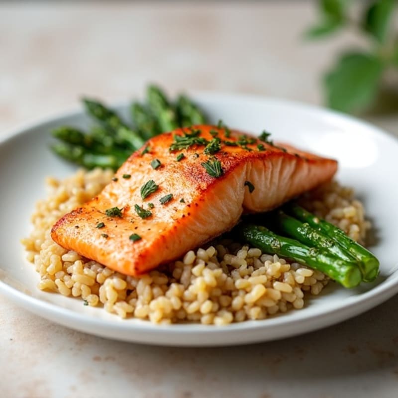 Seared Salmon with Steamed Asparagus, Brown Rice & Egg White Boost