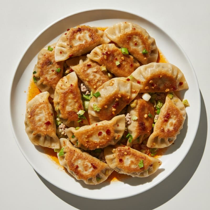Pan-Seared Pork Dumplings with Chili-Garlic Sauce
