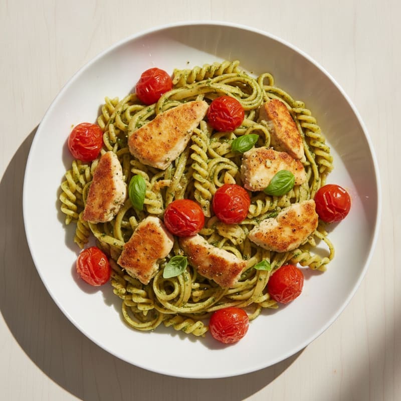 Pesto Chicken Linguine with Blistered Tomatoes
