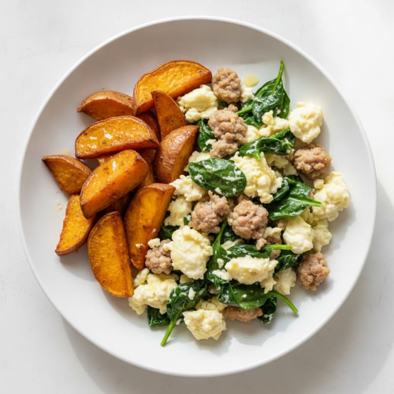 Egg White and Turkey Sausage Scramble with Spinach and Roasted Sweet Potato