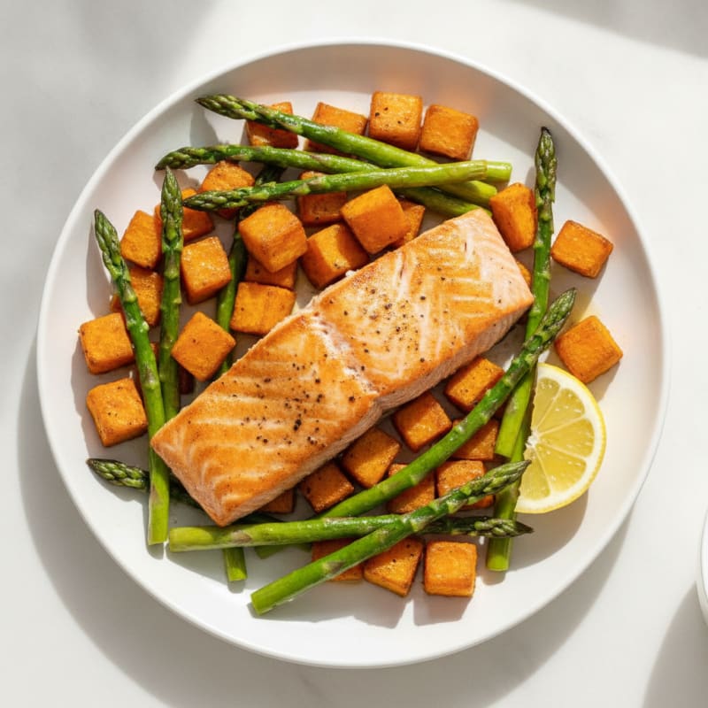 Seared Salmon with Roasted Sweet Potato and Asparagus