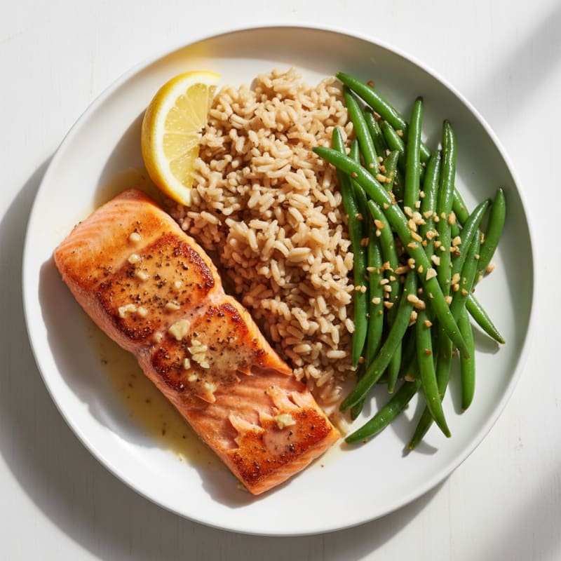 Seared Salmon with Garlic Green Beans and Brown Rice
