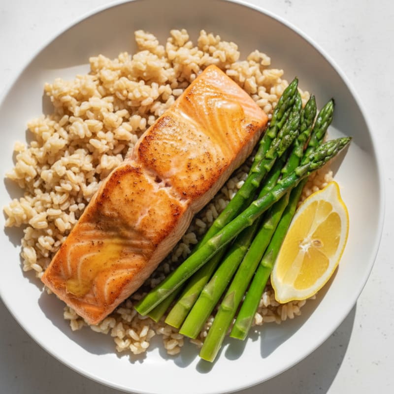 Seared Salmon with Steamed Asparagus and Brown Rice