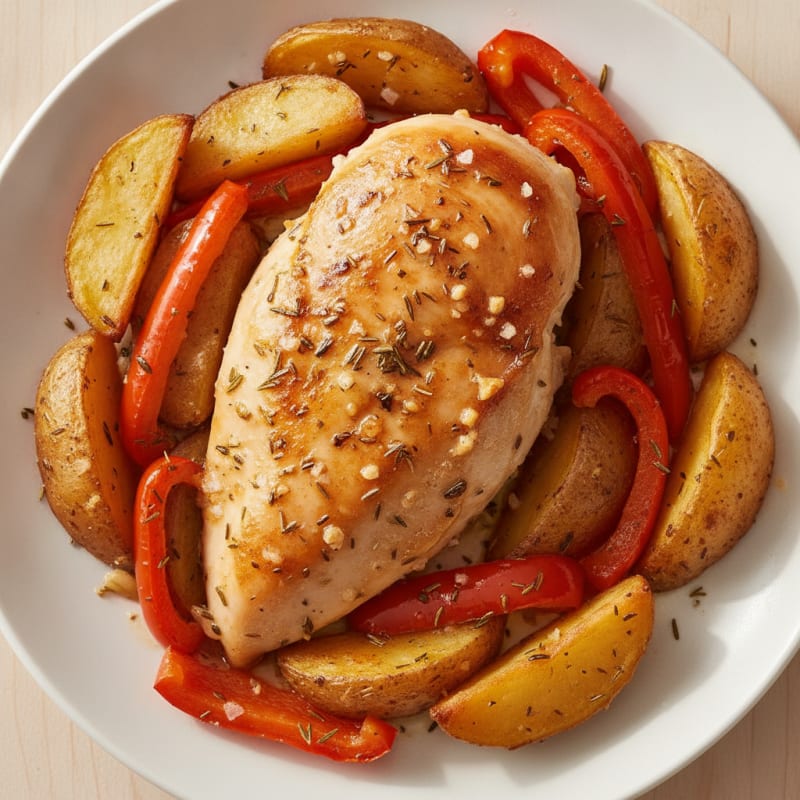 Garlic-Herb Roasted Chicken with Potatoes and Peppers