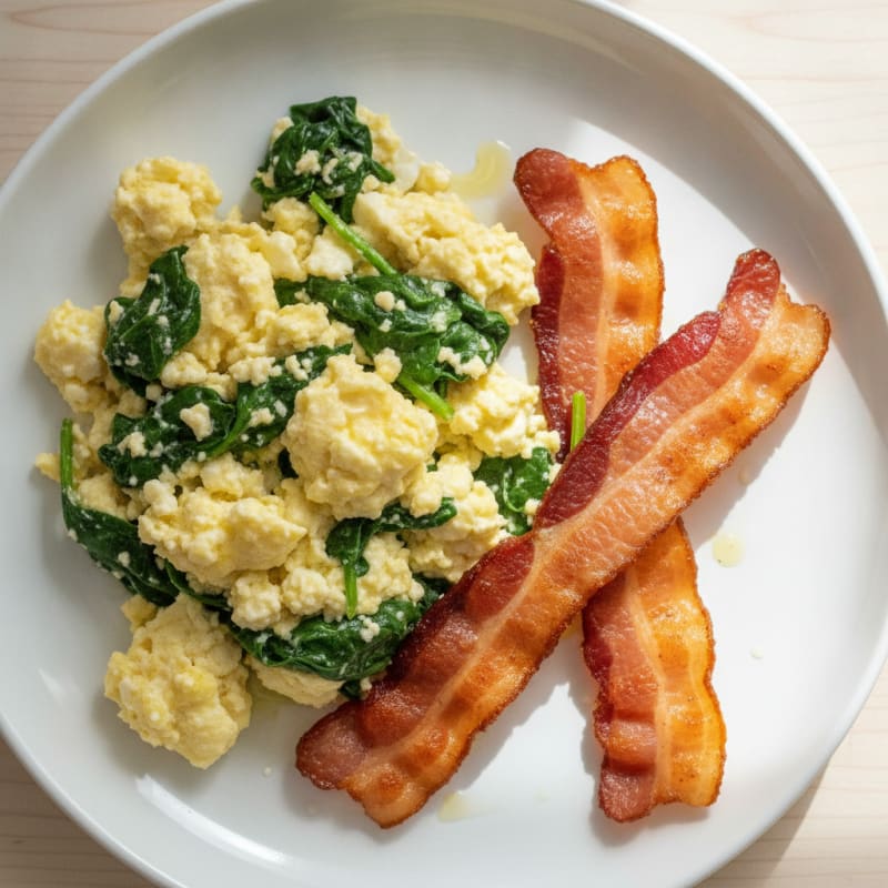 Cottage Cheese Egg Scramble with Spinach and Turkey Bacon
