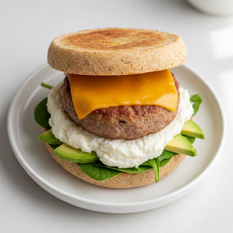 Egg White and Turkey Sausage Breakfast Sandwich with Spinach and Cheddar