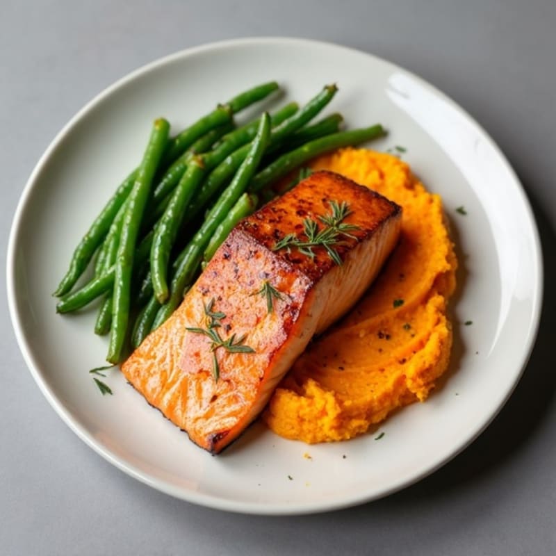 Seared Salmon with Garlic Green Beans and Sweet Potato Mash