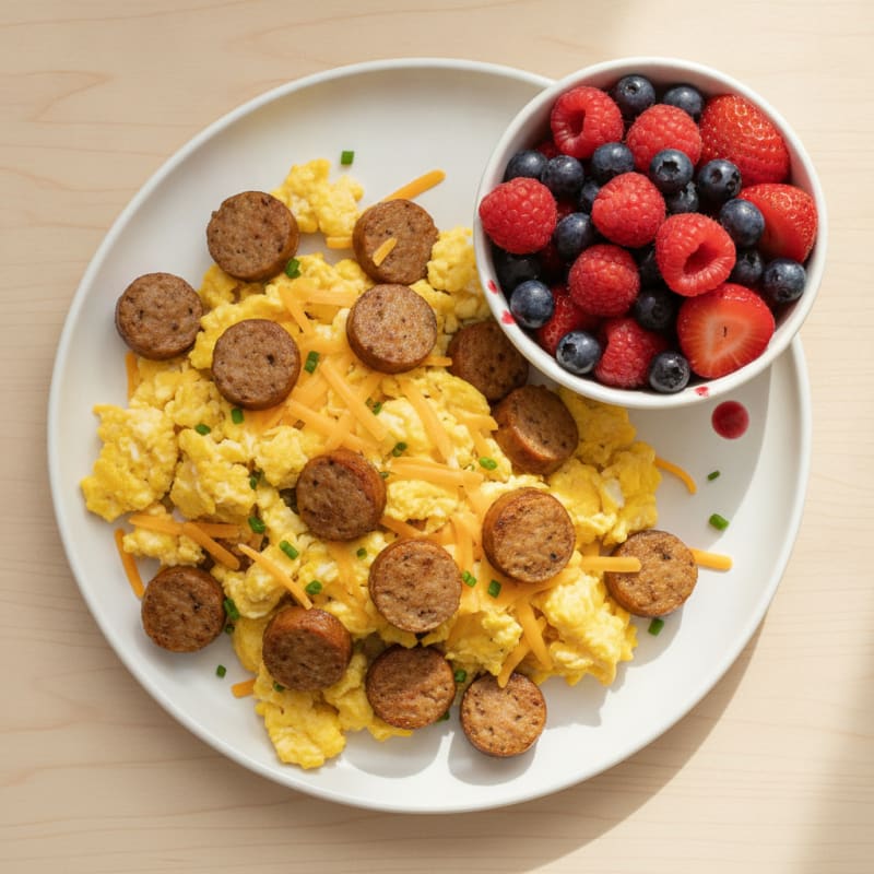 Egg and Cheese Scramble with Turkey Sausage and Fresh Berries