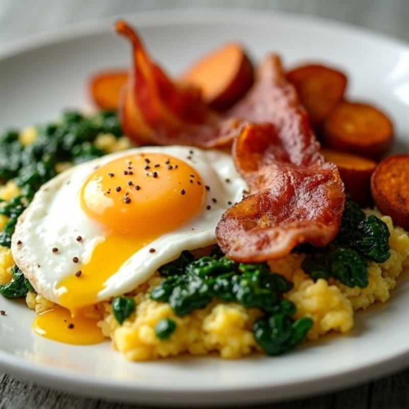 Crispy Turkey Bacon and Spinach Egg Scramble with Roasted Sweet Potatoes