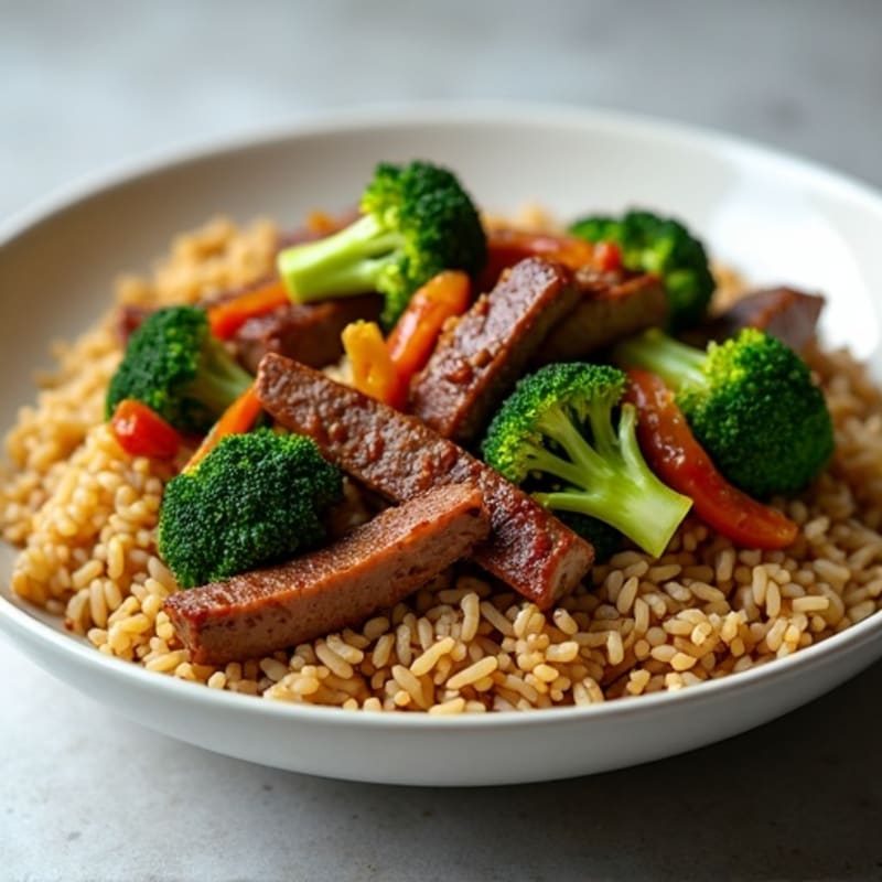 Garlic Ginger Beef Stir-Fry with Crispy Broccoli and Brown Rice