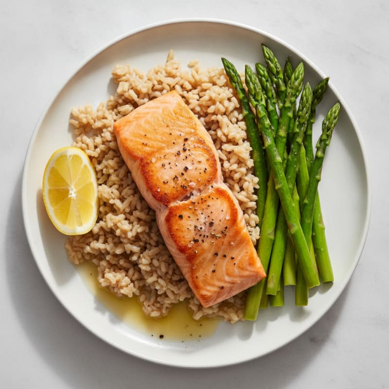 Seared Salmon Fillet with Steamed Asparagus and Brown Rice