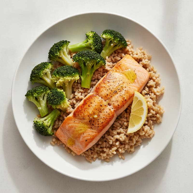 Seared Salmon with Steamed Broccoli and Brown Rice