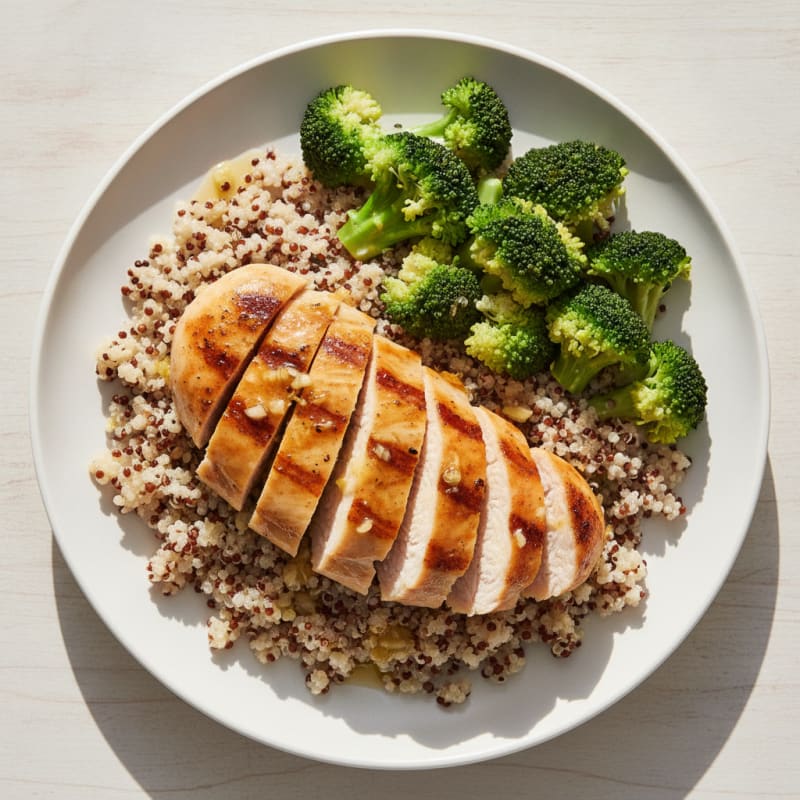 Grilled Lemon-Garlic Chicken Breast with Quinoa and Steamed Broccoli