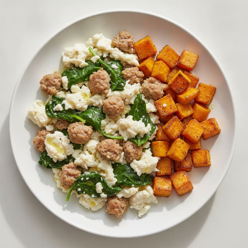 Egg White and Turkey Sausage Scramble with Spinach and Roasted Sweet Potato