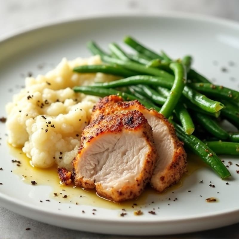 Seared Turkey Tenderloin with Garlic Green Beans and Mashed Cauliflower