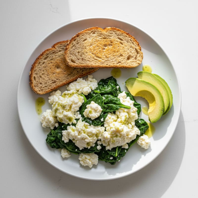 Egg White Scramble with Cottage Cheese and Sautéed Spinach