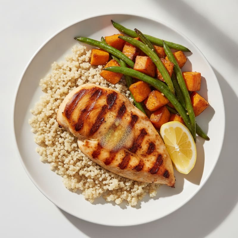 Grilled Chicken Breast with Roasted Vegetable Medley and Quinoa
