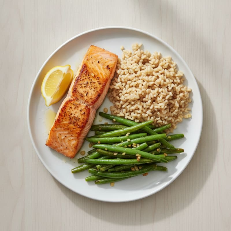 Seared Salmon with Garlic Green Beans and Brown Rice