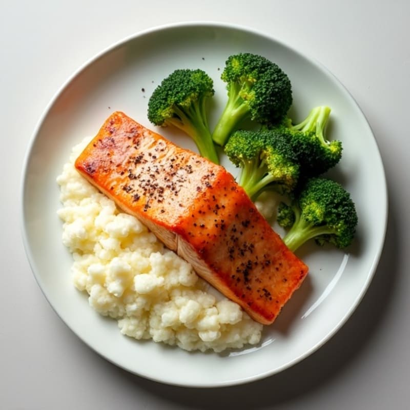 Seared Salmon with Steamed Broccoli and Cauliflower Mash