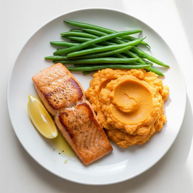 Seared Salmon with Steamed Green Beans and Sweet Potato Mash