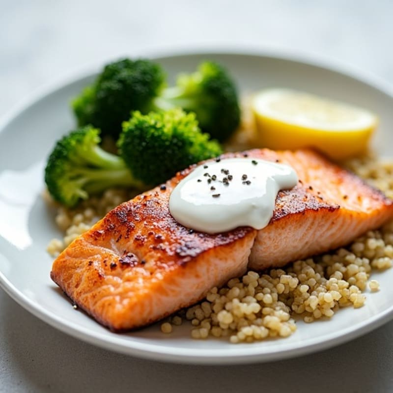 Seared Salmon with Roasted Broccoli and Quinoa