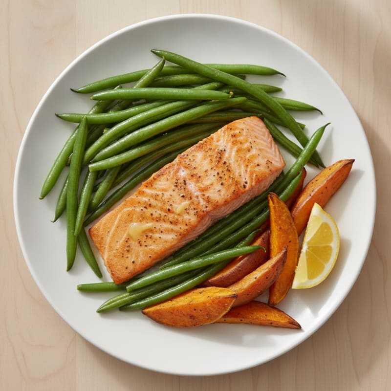 Seared Salmon Fillet with Steamed Green Beans and Sweet Potatoes