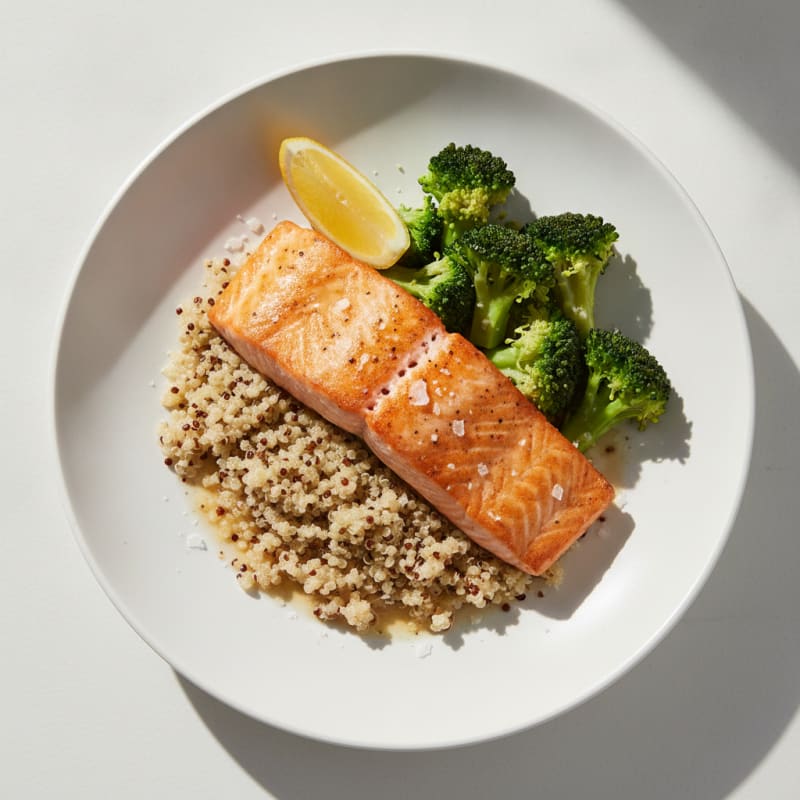 Seared Salmon with Steamed Broccoli and Quinoa