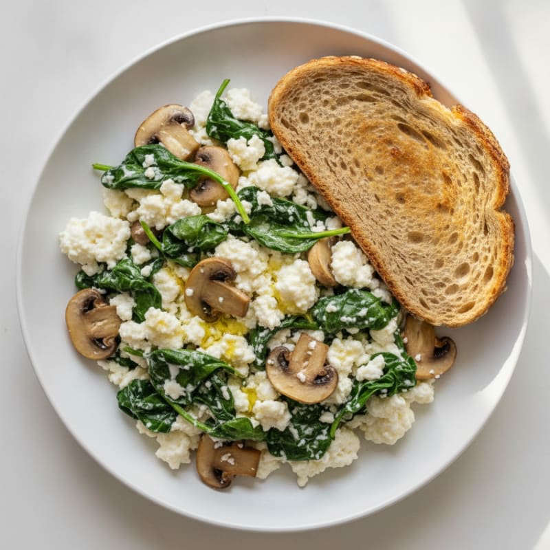 Egg White and Cottage Cheese Scramble with Spinach and Sautéed Mushrooms