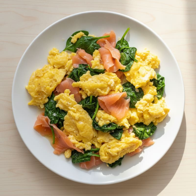 Scrambled Eggs with Smoked Salmon and Fresh Spinach