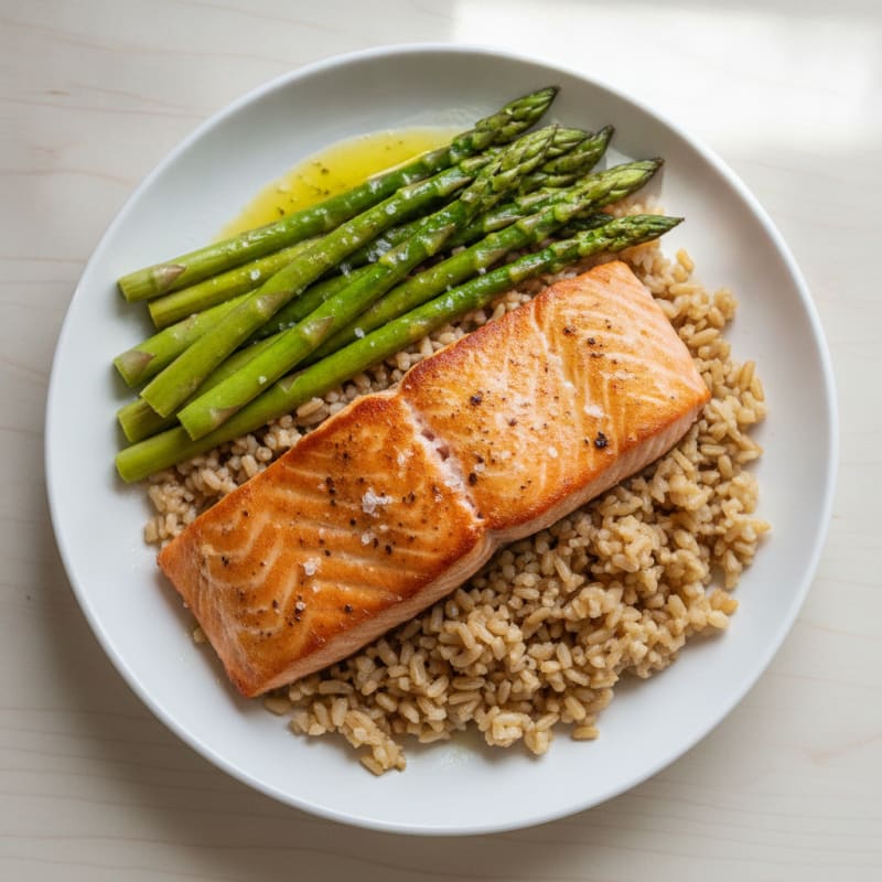 Seared Salmon with Steamed Asparagus and Brown Rice