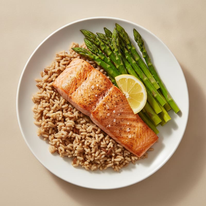 Seared Salmon with Steamed Asparagus and Brown Rice