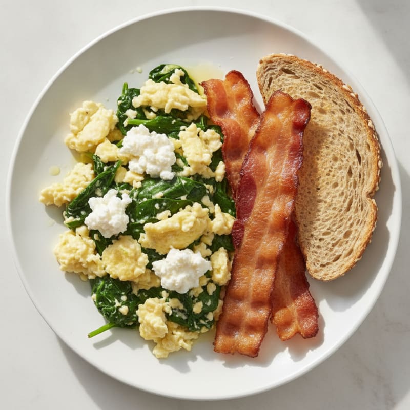 Egg White Spinach Scramble with Cottage Cheese and Turkey Bacon
