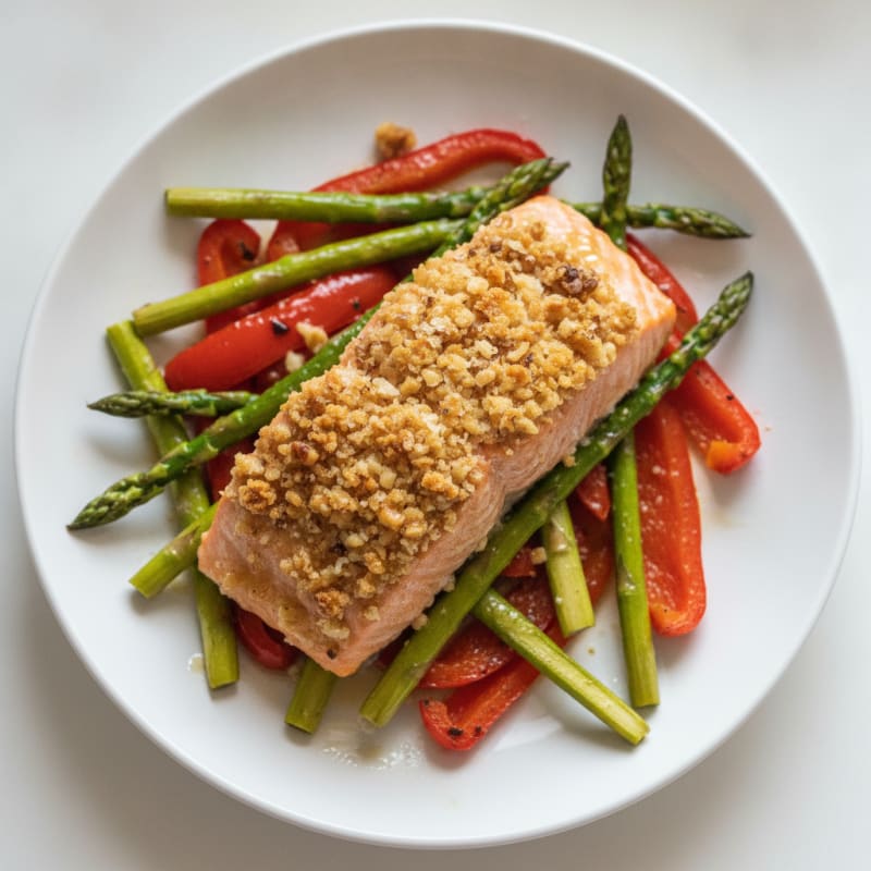 Baked Salmon with Roasted Vegetables and Walnut Crumble