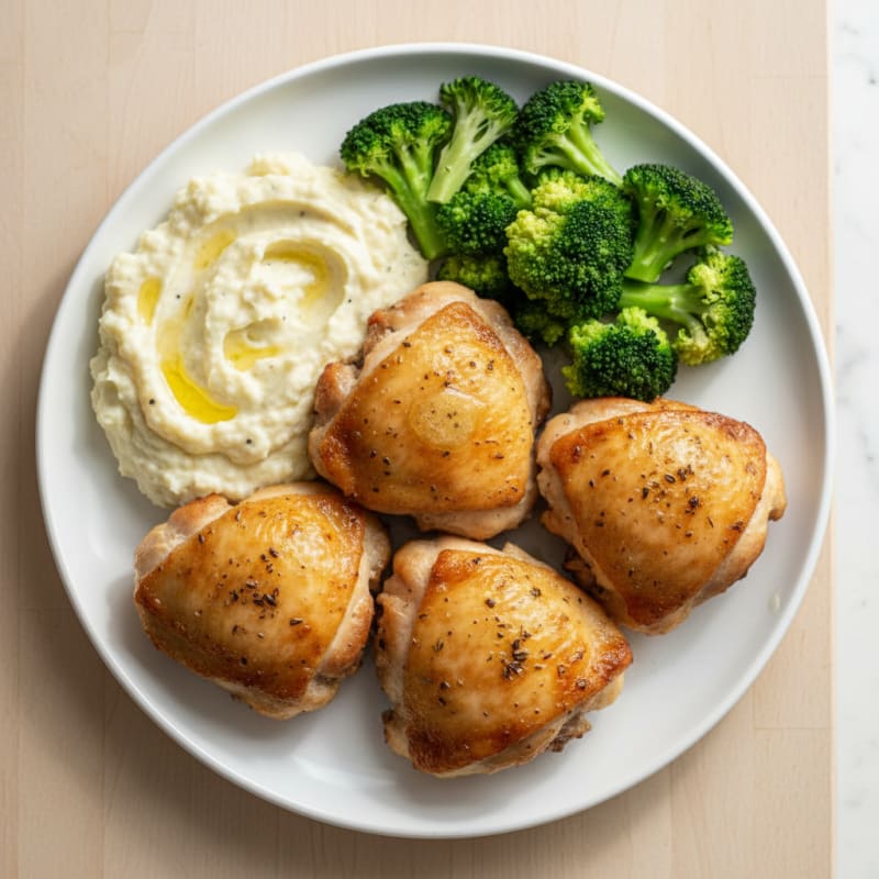 Oven-Baked Chicken Thighs with Steamed Broccoli and Cauliflower Mash