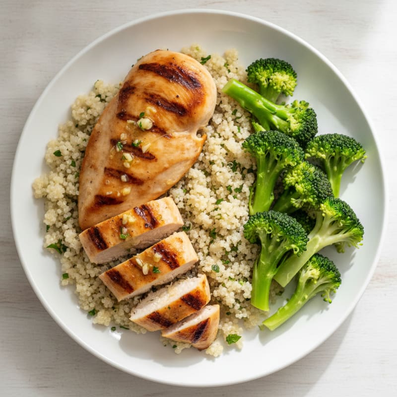 Grilled Lemon Garlic Chicken Breast with Quinoa and Steamed Broccoli