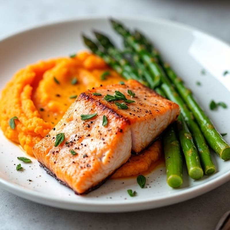 Baked Salmon with Roasted Asparagus and Sweet Potato Mash