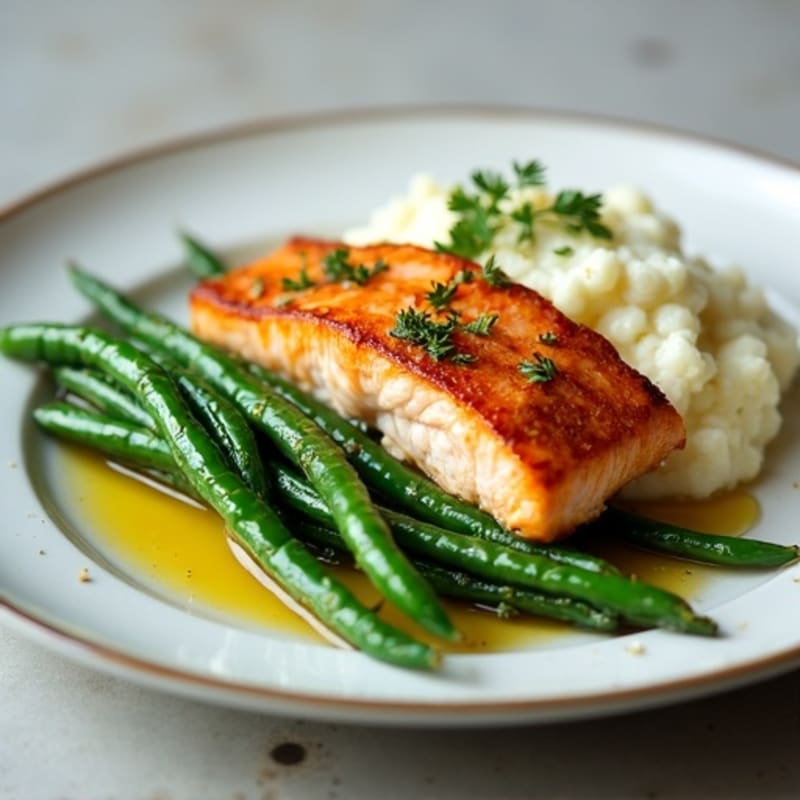 Seared Salmon with Garlic Green Beans and Cauliflower Mash