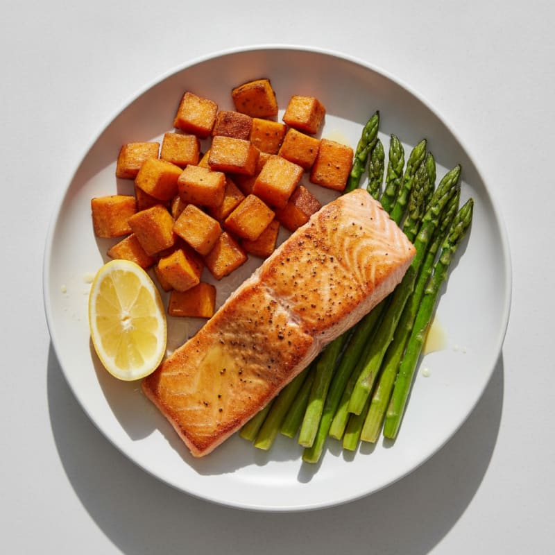 Seared Salmon with Roasted Sweet Potatoes and Asparagus