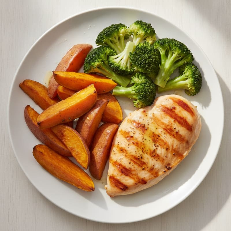 Grilled Chicken Breast with Roasted Sweet Potato and Steamed Broccoli