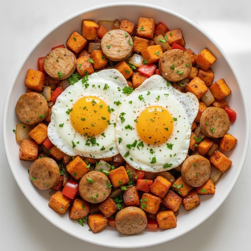 Chicken Sausage and Sweet Potato Hash with Eggs