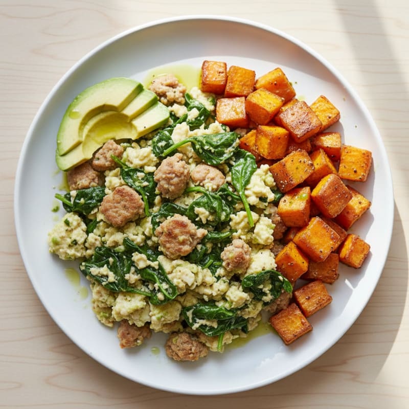 Egg White and Turkey Sausage Scramble with Spinach and Roasted Sweet Potatoes