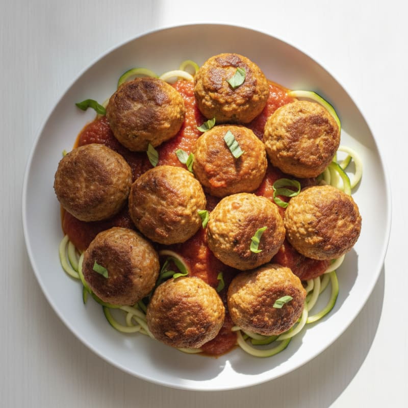 Lean Turkey Meatballs with Zucchini Noodles and Tomato Sauce