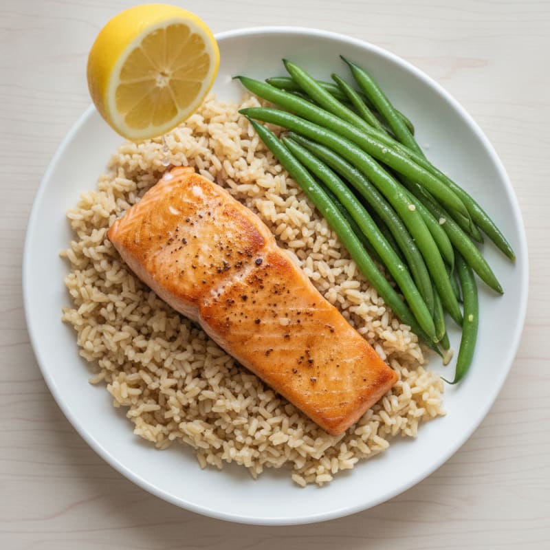Seared Salmon Filet with Steamed Green Beans and Brown Rice