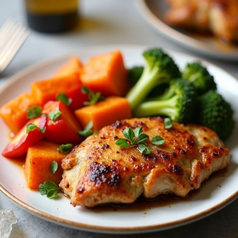 Crispy Pan-Seared Chicken Thighs with Roasted Sweet Potatoes and Mixed Vegetables