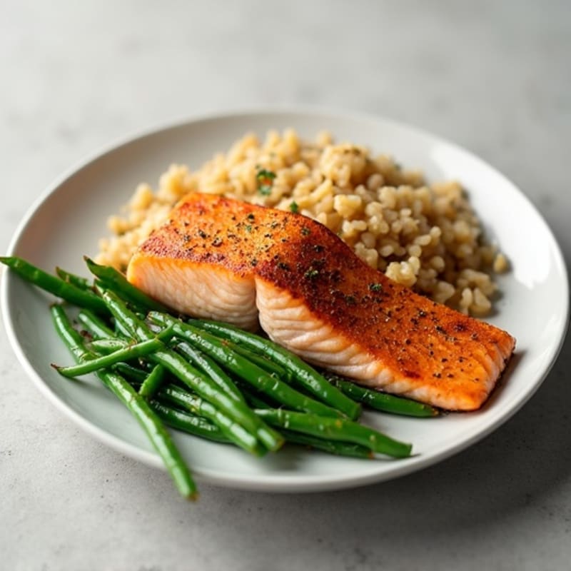 Seared Salmon with Garlic Green Beans and Brown Rice