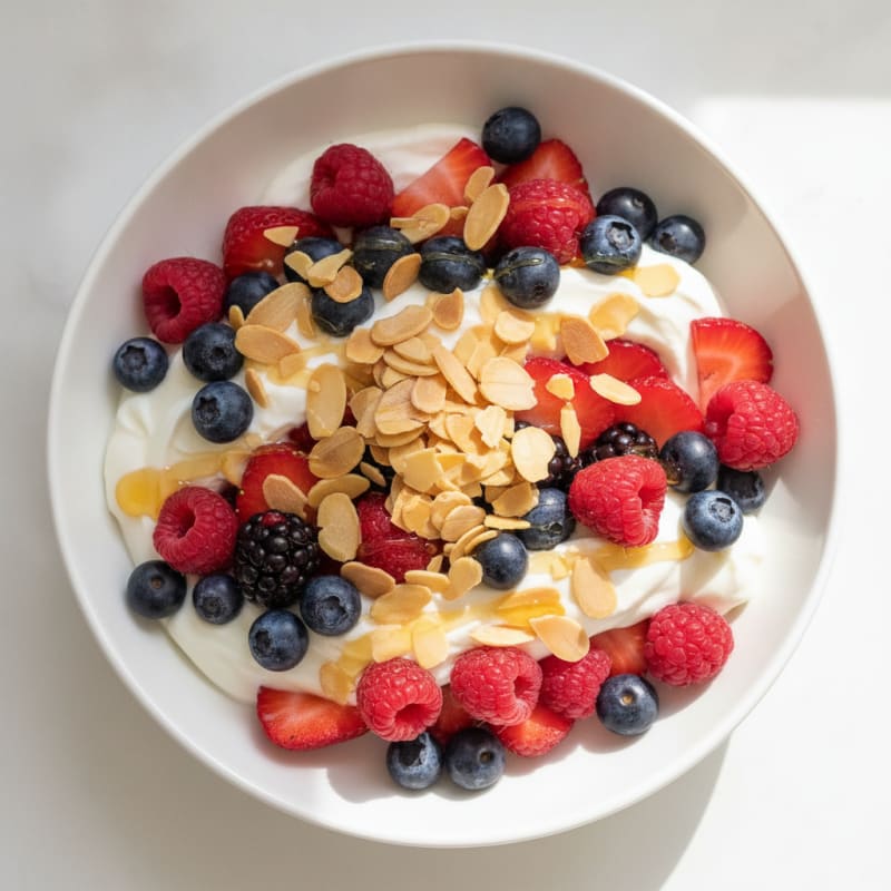 Greek Yogurt Protein Parfait with Mixed Berries and Almonds