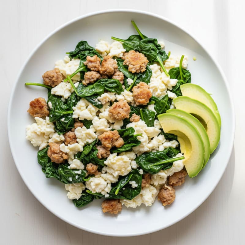 Egg White Scramble with Turkey Sausage and Sautéed Spinach