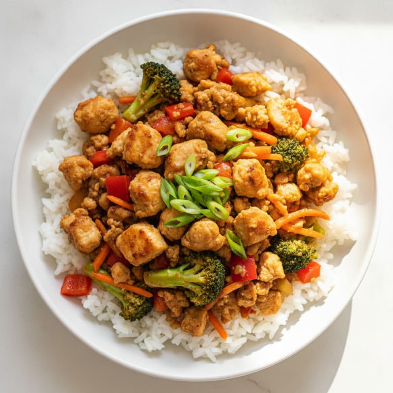 Ginger-Garlic Ground Chicken and Rainbow Vegetable Rice Bowl