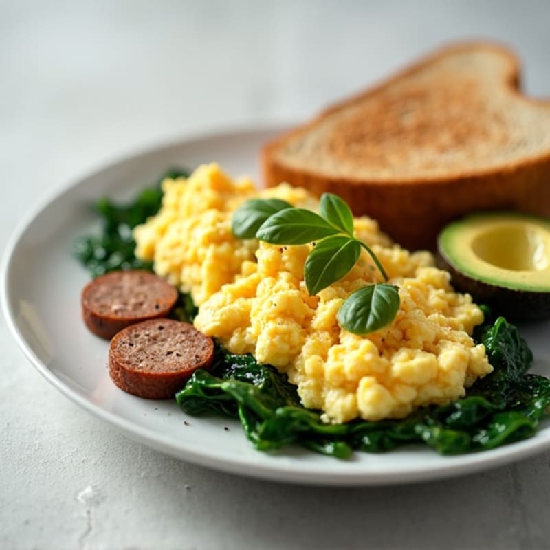 Egg White and Turkey Sausage Scramble with Sautéed Spinach