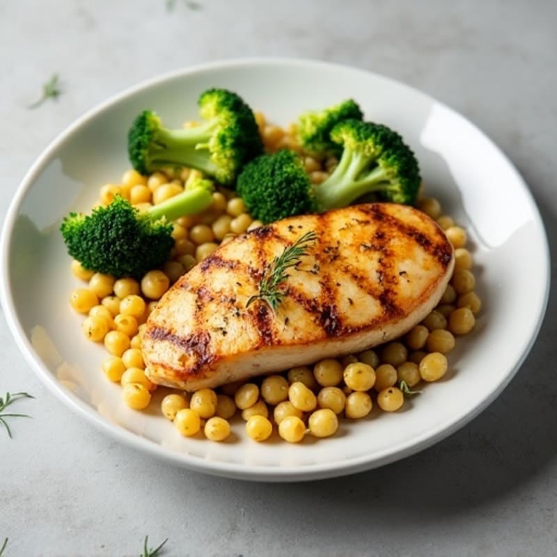 Grilled Chicken Breast with Chickpea Pasta and Roasted Broccoli
